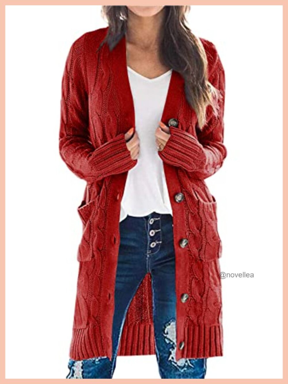 Cable Knit Button Down Long Cardigan Sweater with Pockets